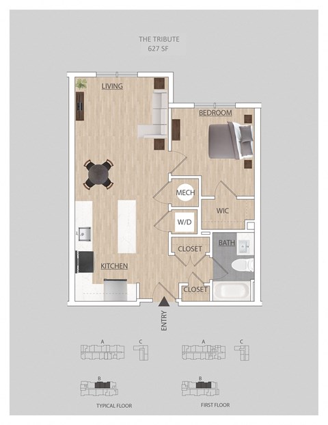 Floor plan for 1 bed, 1 bath, 709 sqft